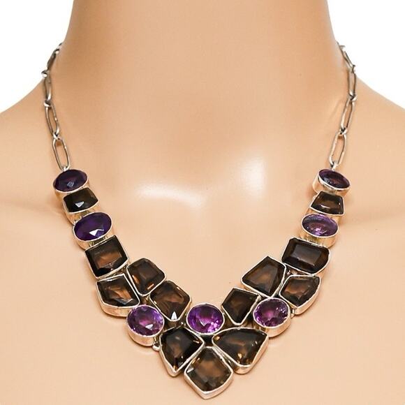 Handmade Jewelry - Sterling Silver Bezel Set Smoky Quartz Amethyst Organic Freeform Bib Necklace